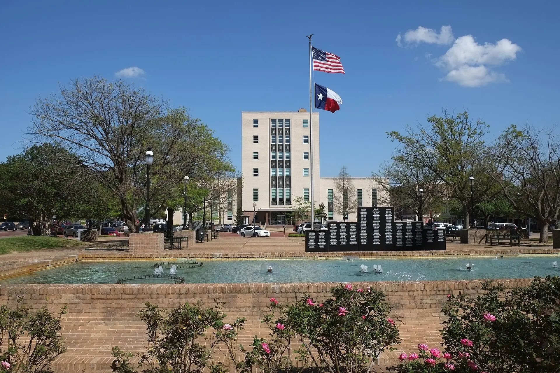 Downtown Tyler, Texas, with the square's fountain and flags